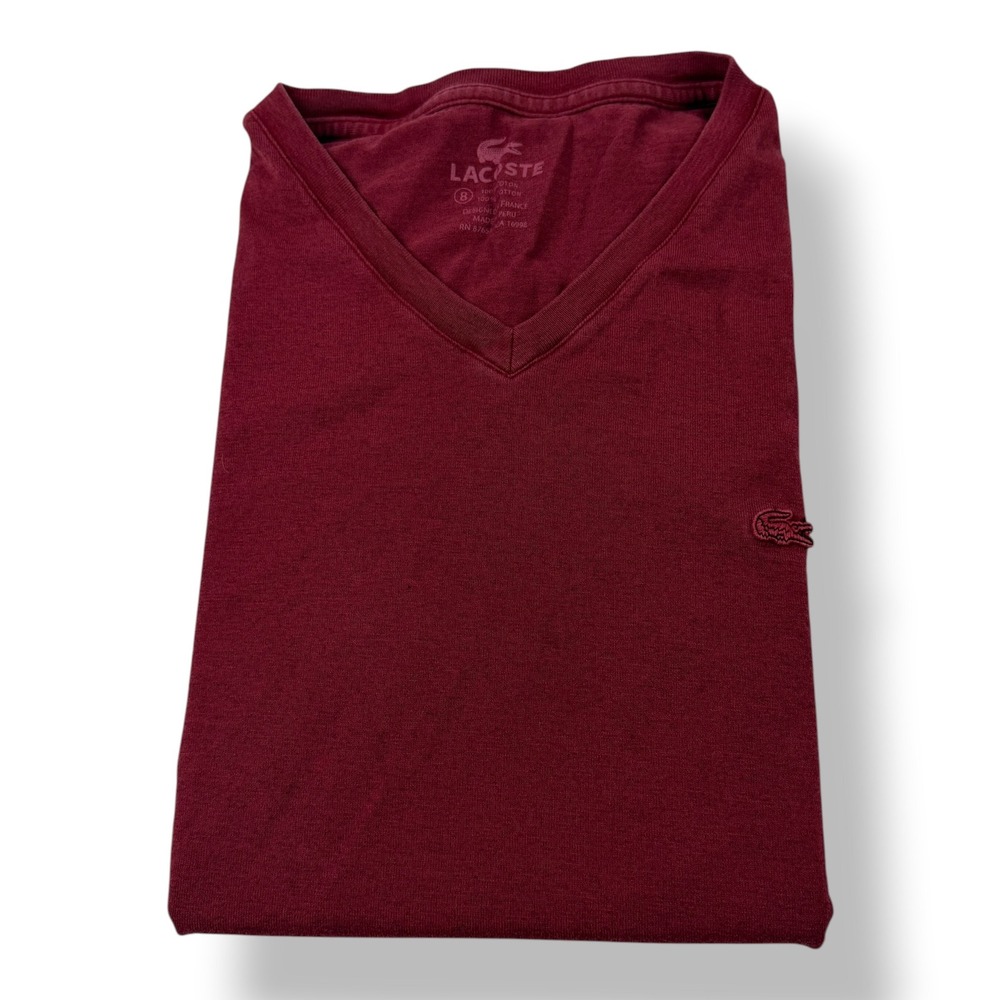 Lacoste Mens V-Neck‎ T-Shirt Burgundy Red Size 8 XL XXL Cotton Short Sleeve